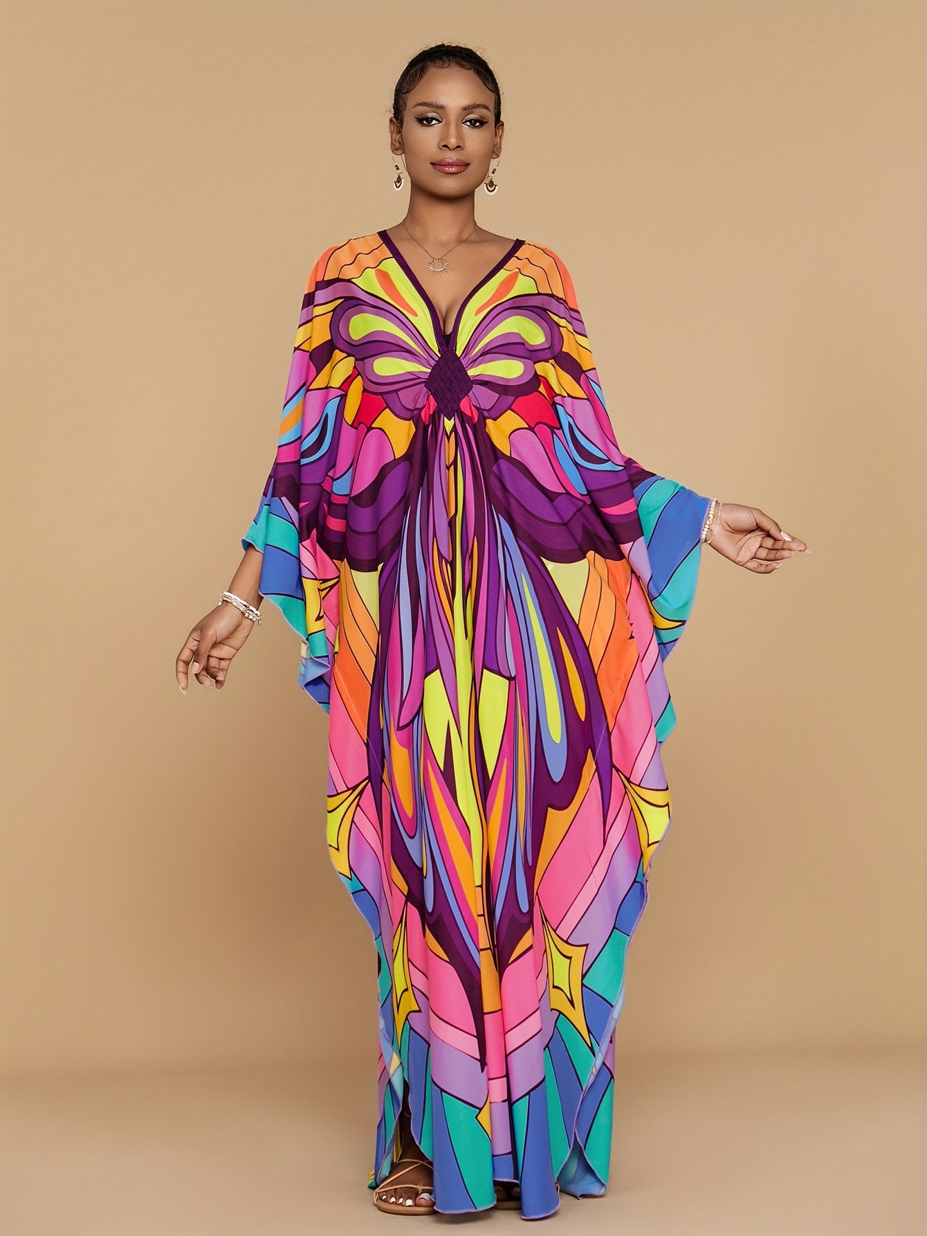 Vibrant Bohemian Kaftan Dress - Four-Sided Elastic V-Neck, Bat Sleeves, Beach Cover-Up