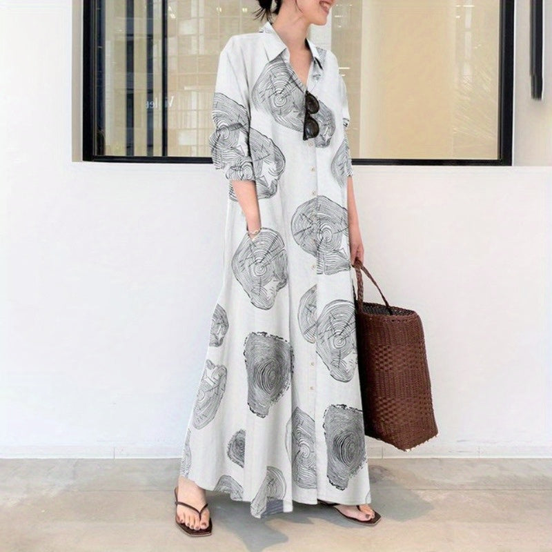 Women's Islamic Abaya Dress - Elegant Long Sleeve Muslim Jilbaab Dress with Lapel Collar, Black & Golden Floral Print, Loose Fit Modest Muslim Gown for Everyday & Special Occasions