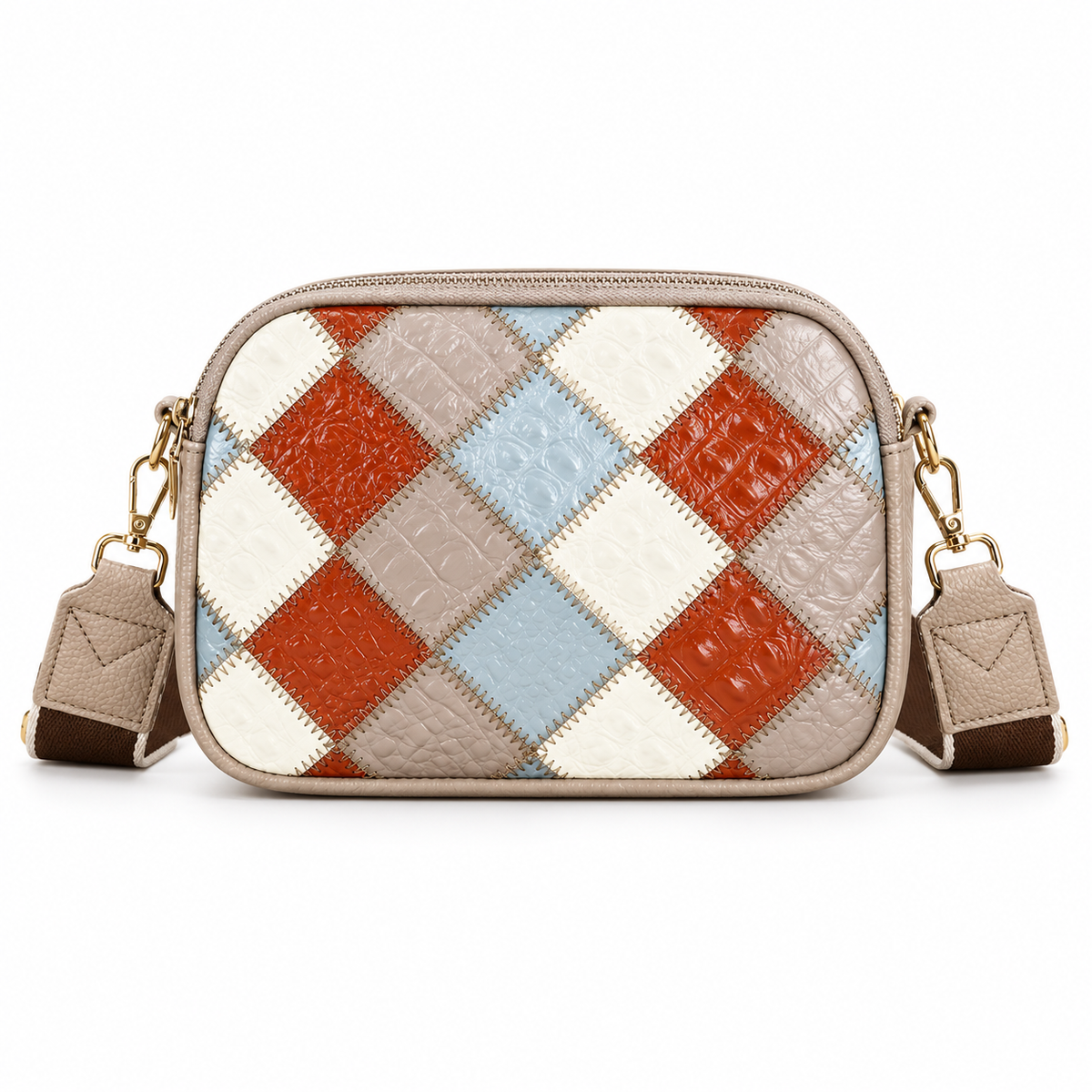 Beige Multicolour Diamond Patchwork Crossbody Bag
