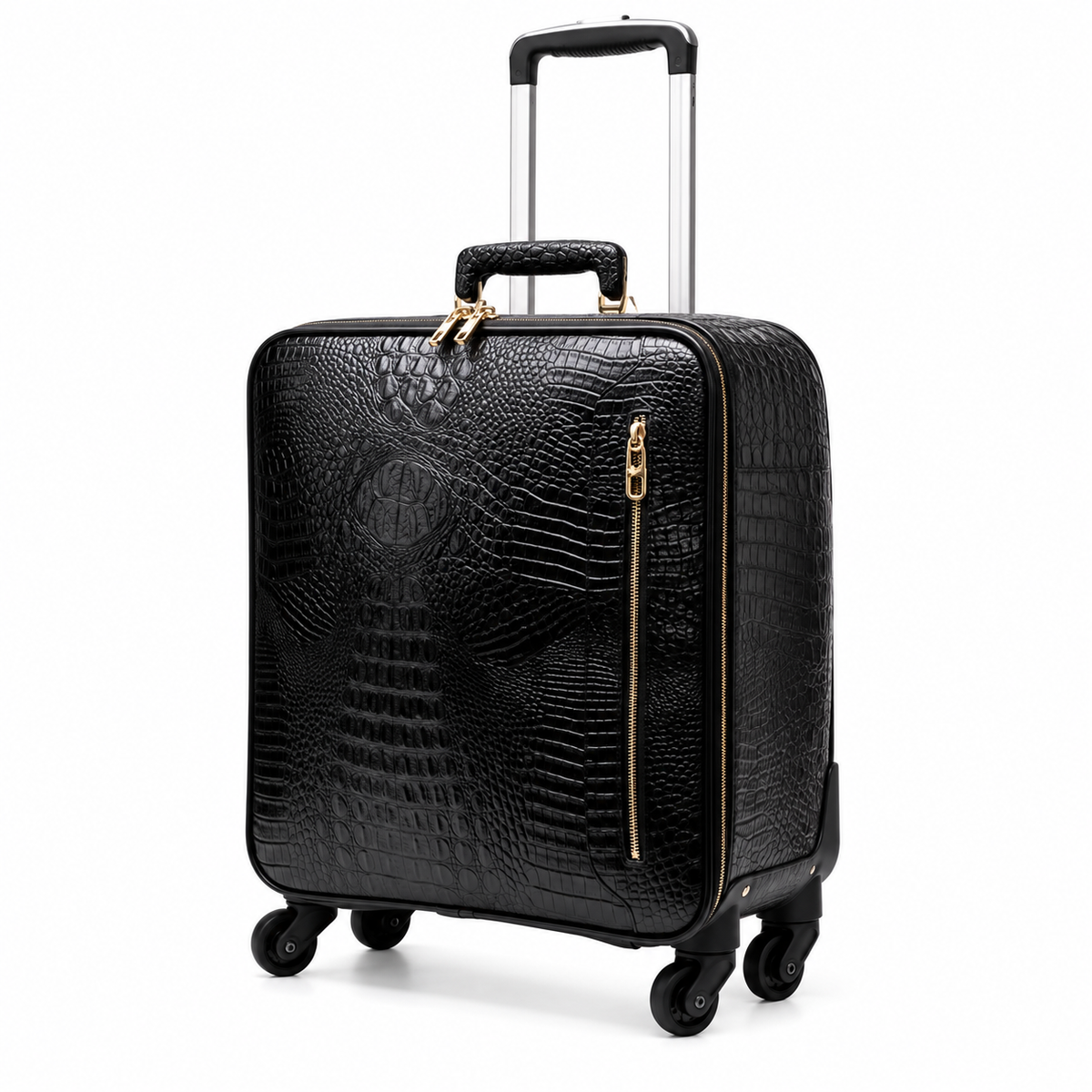 Black Crocodile Embossed Leather Trolley Suitcase