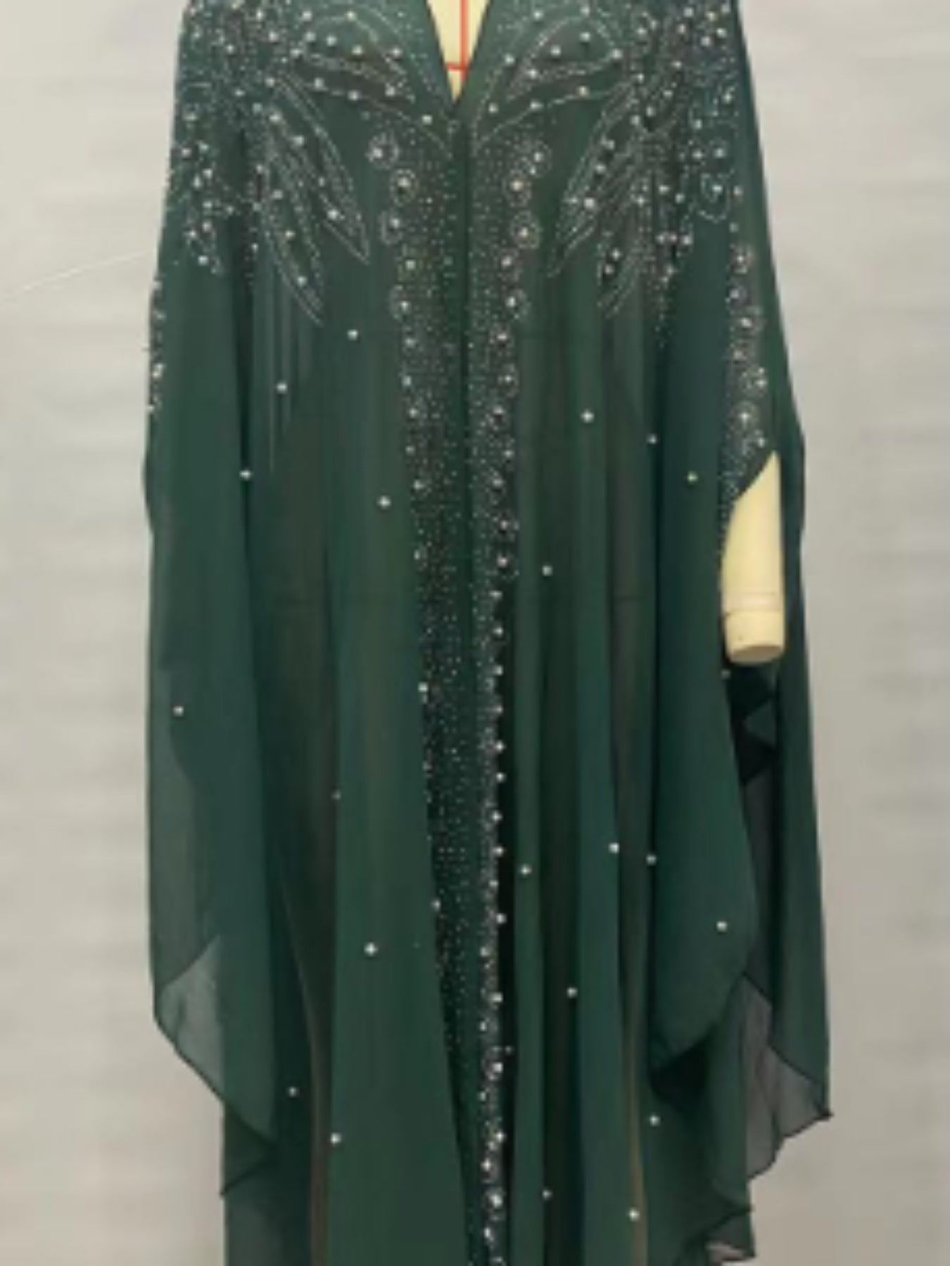 Women's Elegant Long Kaftan Dress with Bat Sleeves & Hooded Rhinestone Cape Abaya - Loose Fit Sheer Polyester Arab-Inspired Gown for All Seasons, Machine Washable
