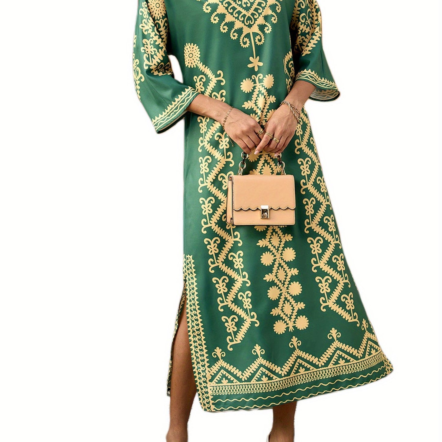 Ramadan Dress 3/4 Sleeve V-Neck Loose Long Dress Retro Print Arab Robe Kaftan Gowns