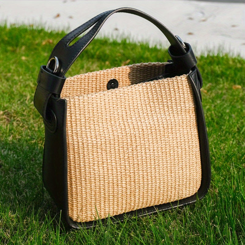 Light Luxury Woven Bag | Spliced Leather Women's Handbag with All Senior Sense Small Square Bag Crossbody Straw Bag