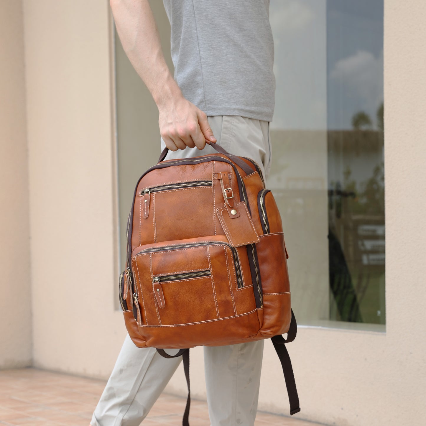 Vintage Genuine Leather Laptop Bag for Men, 15.6" Laptop Compatible, Large Capacity 6.34gal Rucksack with Multiple Zippered Pockets
