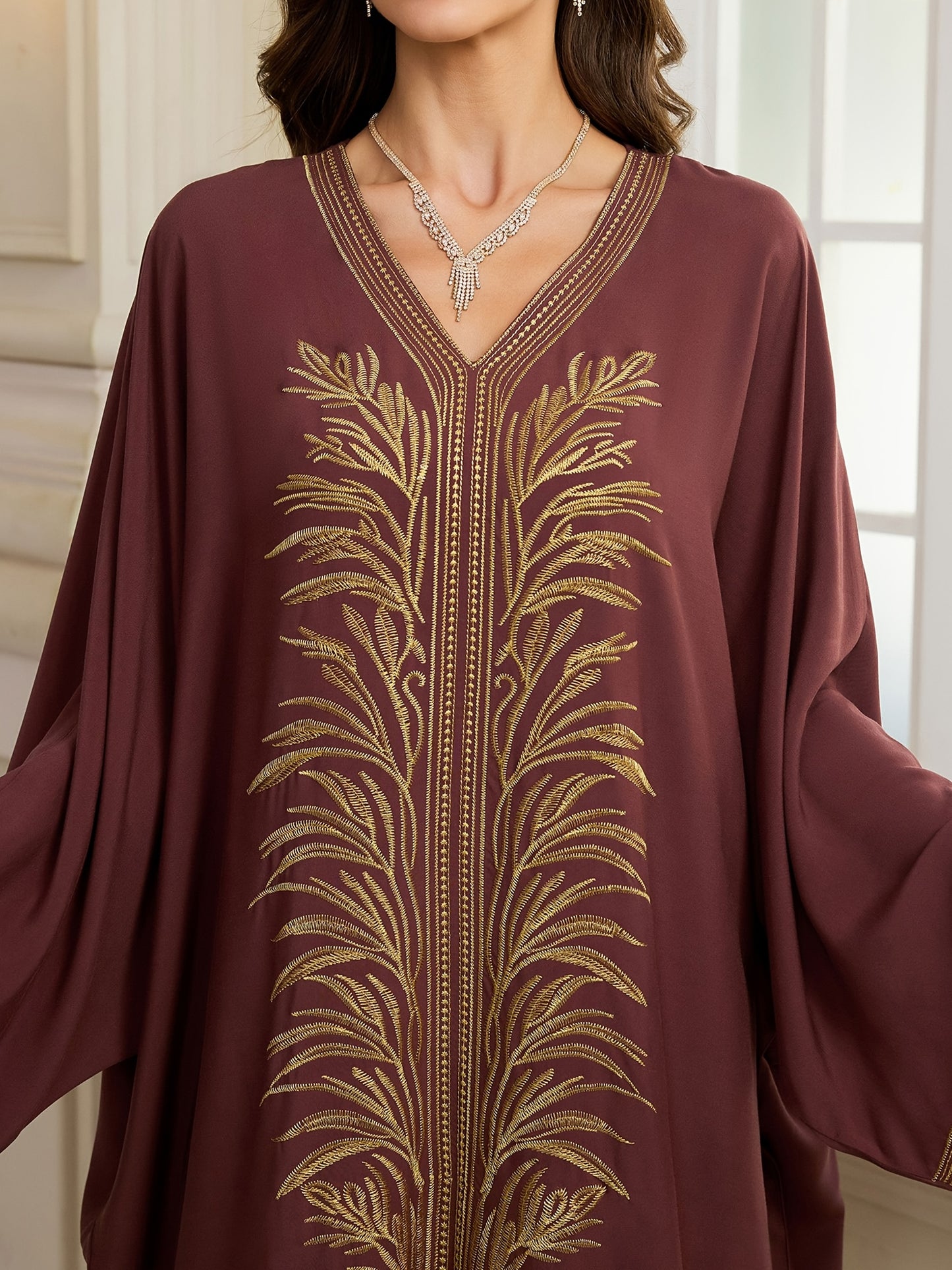 Women's Golden Floral Embroidered V-Neck Batwing Sleeve Kaftan Robe - Loose Fit Plus Size Long Dress for Ramadan Eid Beach Vacation, Middle Eastern Cover Up, Muslim Abaya Dress
