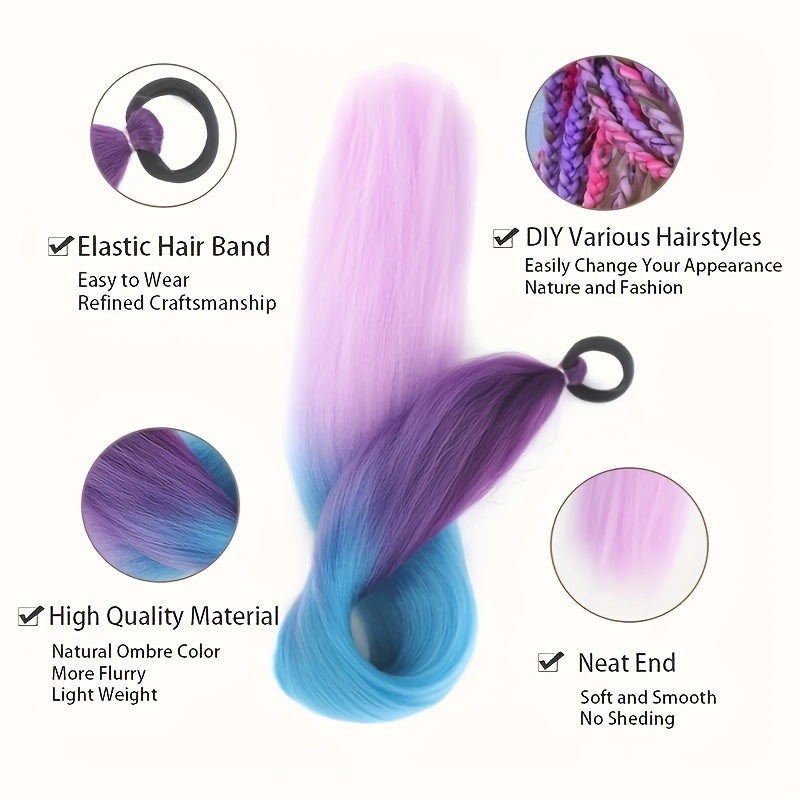 26 Inch Rainbow Synthetic Braided Hair Extensions - Luminous Twisted Hair with Vibrant Gradient Colors (Pink to Blue to Purple), Easy Clip-In for Women, Versatile Hairpiece for Parties & Casual Outfits, Party Hairpiece, Gradi