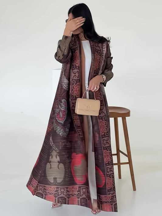 Elegant Oversized Kaftan Dress with Intricate Print - Loose Long Sleeve, Open Front Abaya, High Stretch Fabric, Perfect for Spring & Fall, Commuting Fashion, Elegant Attire | Elegant Sleeve Dress
