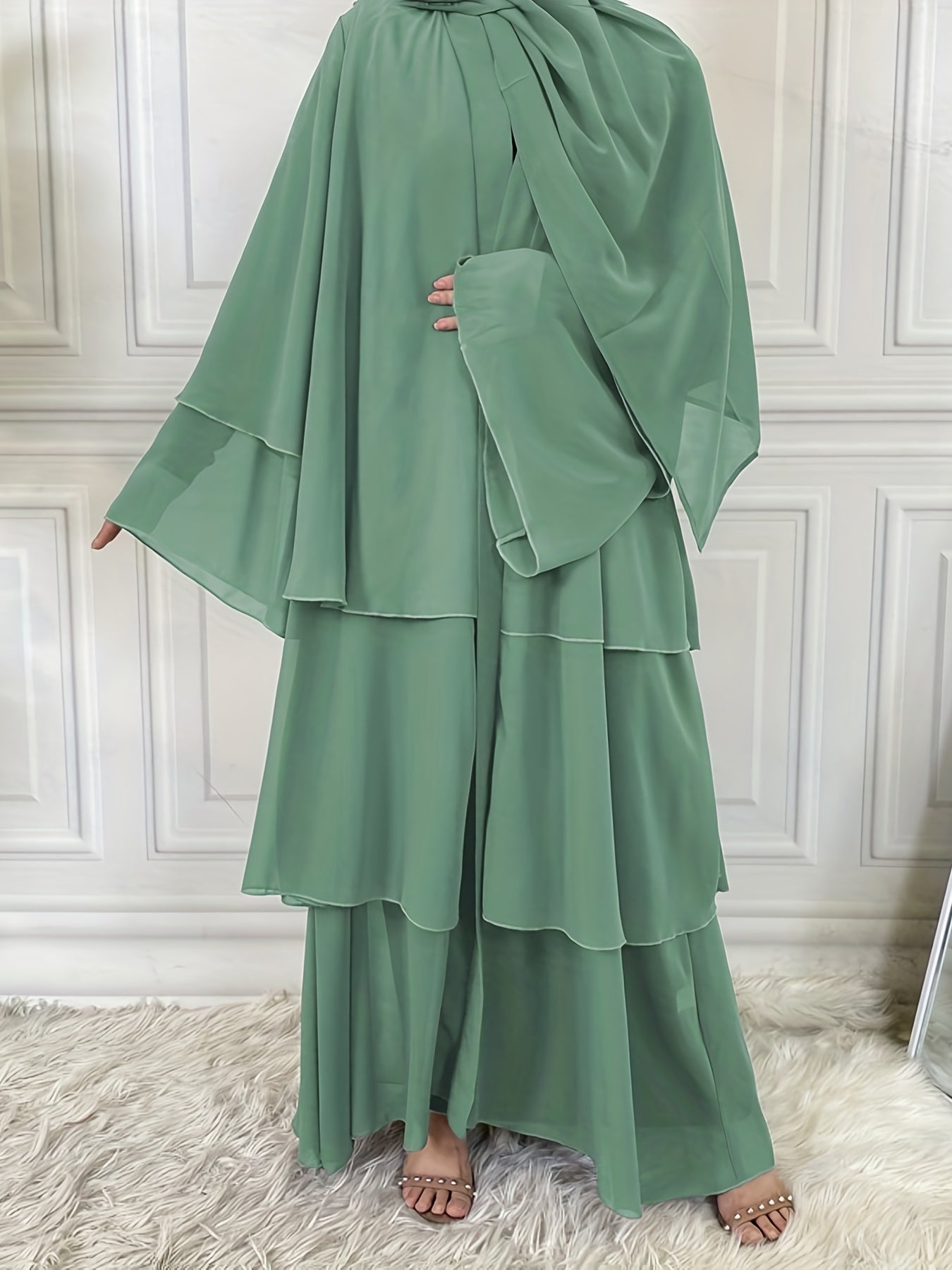 Ramadan Layered Open Front Modest Pakistani Abaya, Long Sleeve Muslim Dress With Belted, Without Hijab, Women's Clothing