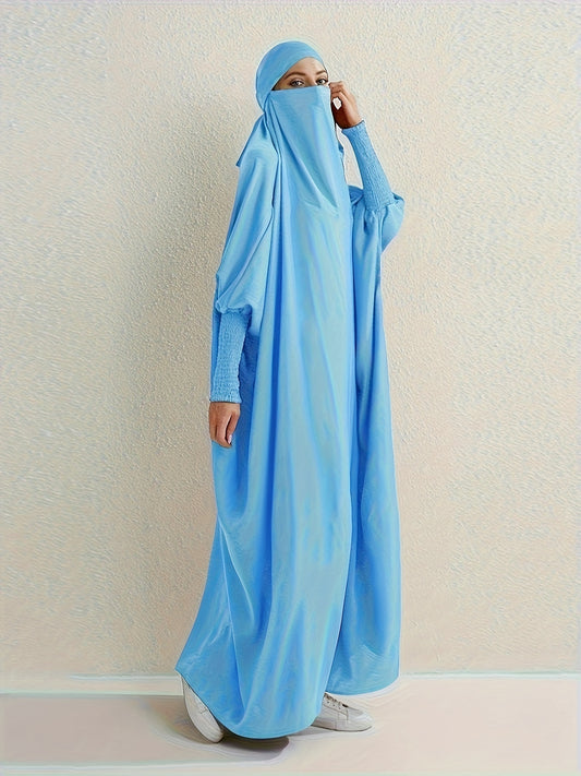 Women's Modest Jibab Abaya Dress with Hijab - Batwing Sleeves & Smocking Detail, Full-Length Prayer Robe, Islamic Clothing, Machine Washable Solid Color for Ramadan & Daily Wear, Allseason Robe, Hshaped Silhouette, Nontransparent F