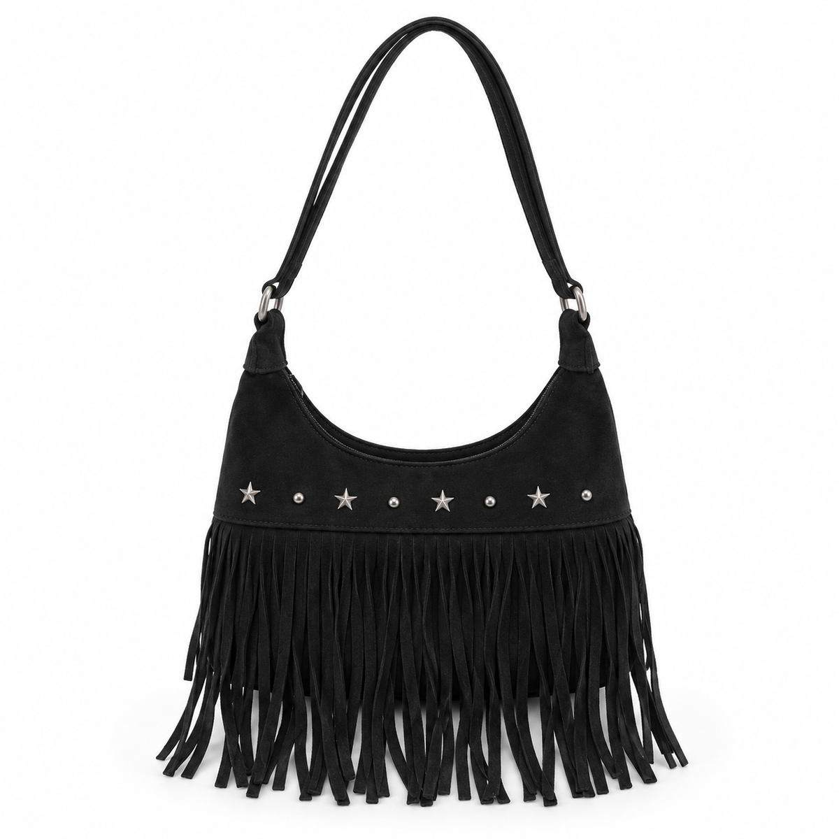 Vintage Black Star Studded Fringe Shoulder Bag