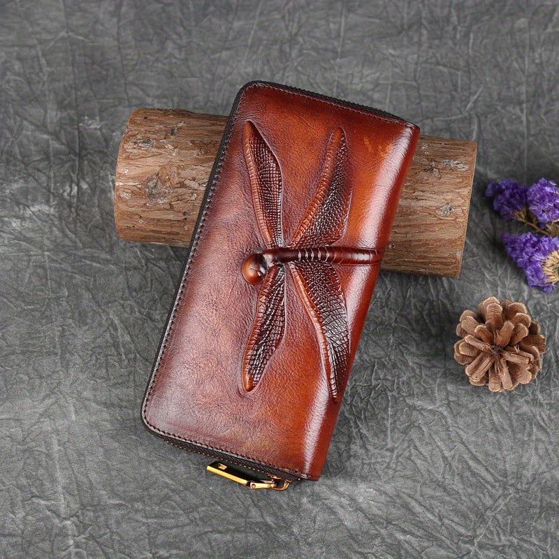 [Leather Floral Clutch Bag] Vintage Leather Wristband Purse - Embossed Floral Pattern Zippered Clutch Bag with Coin Purse and Polyester Lining