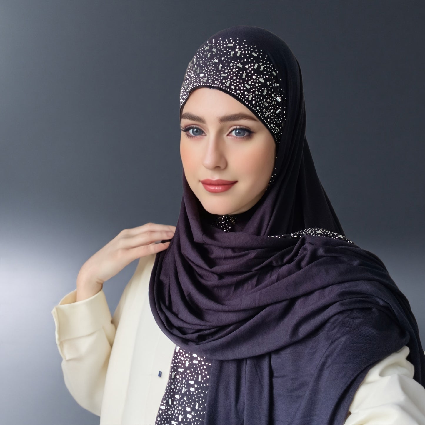 Elegant Black Stretch Bamboo Jersey Hijab Scarf Shawl for Women | Elastic Soft Large Headscarf with Sparkling Rhinestone Trim, Hand Washable Muslim Woven Head Cover & Hair Accessory, Modest Fashion