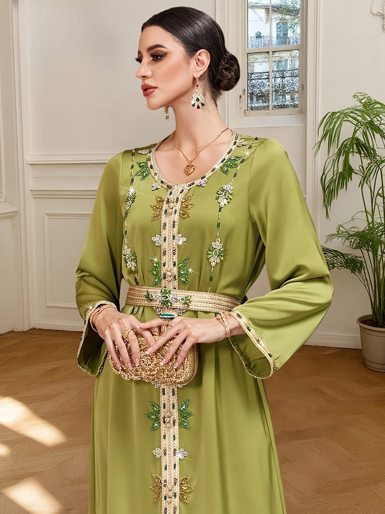 Women's Olive Green Emirati Abaya Gown with Sparkling Rhinestone Embellishments, Long Sleeves, and Belted Waist - Elegant Floor-Length Dress for Spring/Summer, Polyester Blend, Machine Washable