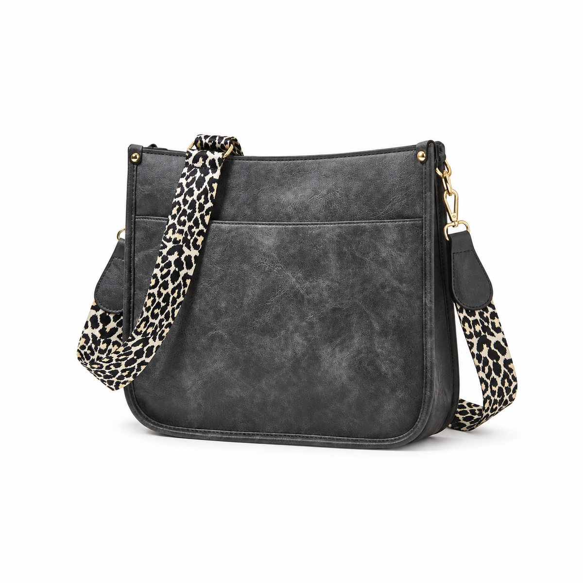 Charcoal Crossbody Bag With Leopard Strap
