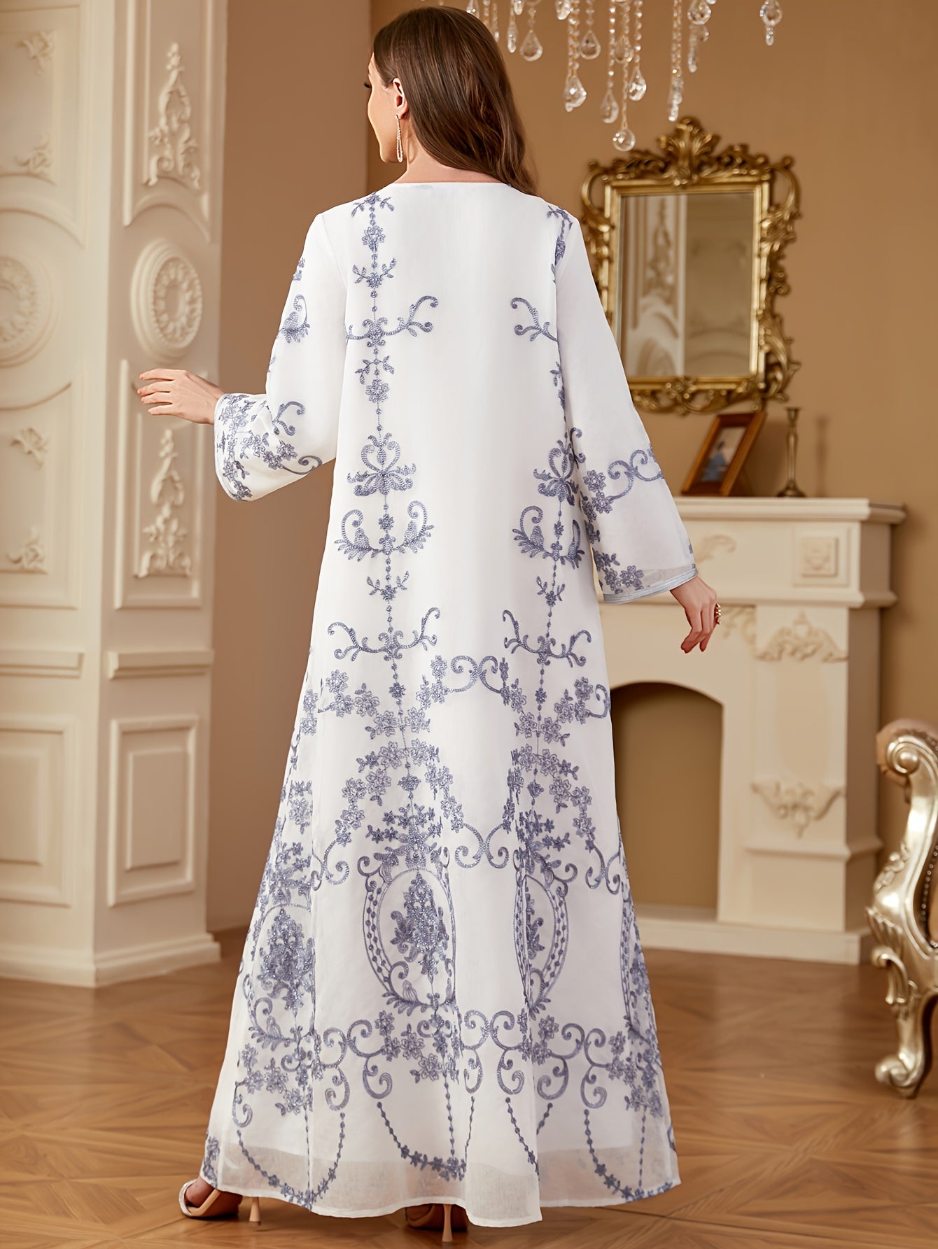 Elegant White V-Neck Long Sleeve A-Line Modern Abaya with Floral Embroidery & Sequin Details - Machine Washable All-Season Formal & Casual Wear, Long Sleeve Dresses, Special Occasion