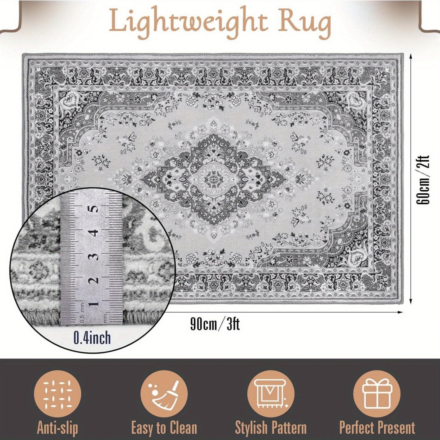 [Vintage Rug] 5x8 Vintage Rug | Black Floral Faux Wool Non Slip Washable Low Pile Indoor Doormat for Bedroom, Entryway, Kitchen, Bedside