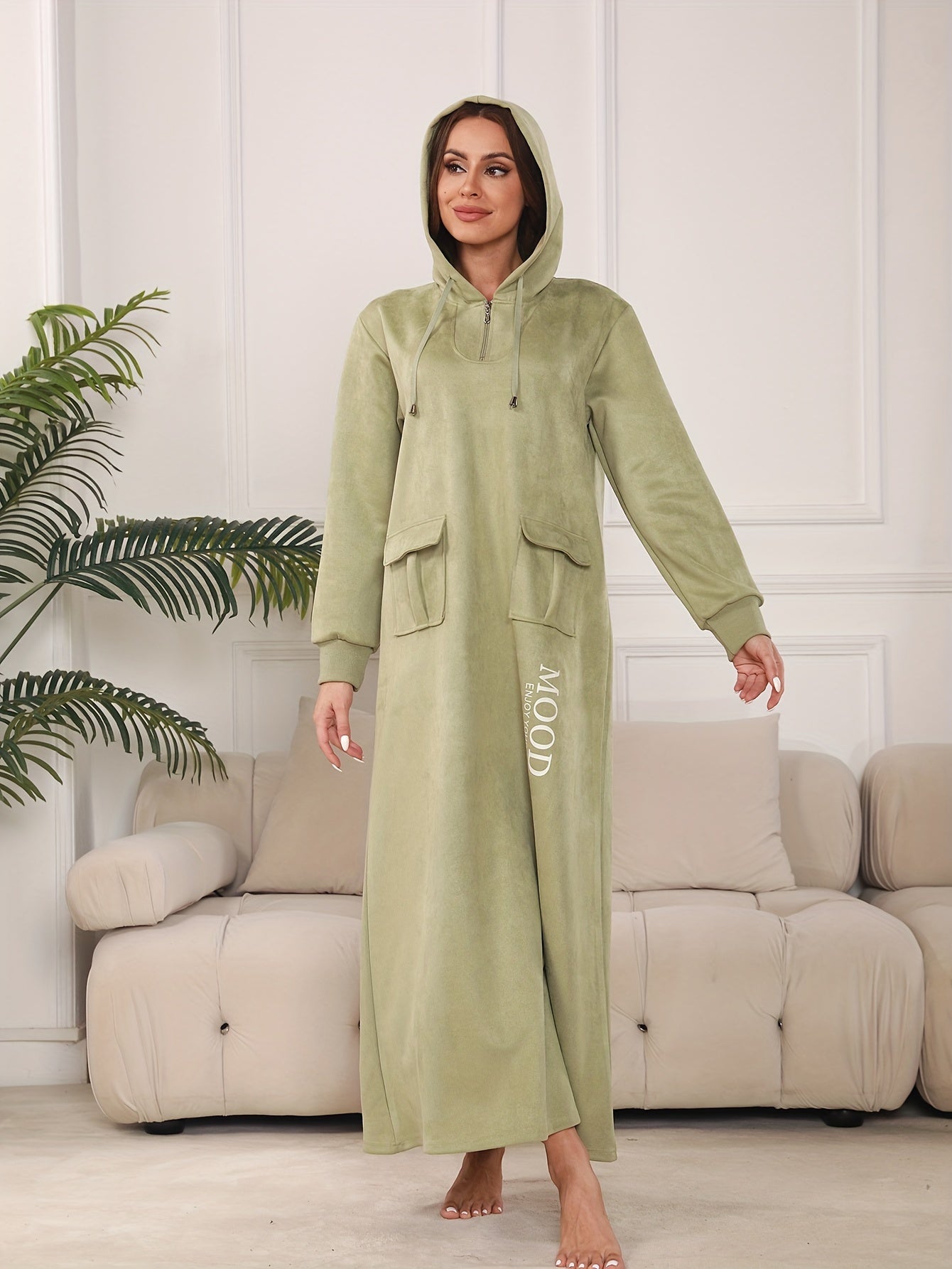 Women's Casual Long Sleeve Hooded Abaya with Zipper Collar and Pockets - Arabic Alphabet Print, Non-Stretch Fabric, Loose Fit for All Seasons, Casual Wear|Hooded Dress|Pocketed Dress