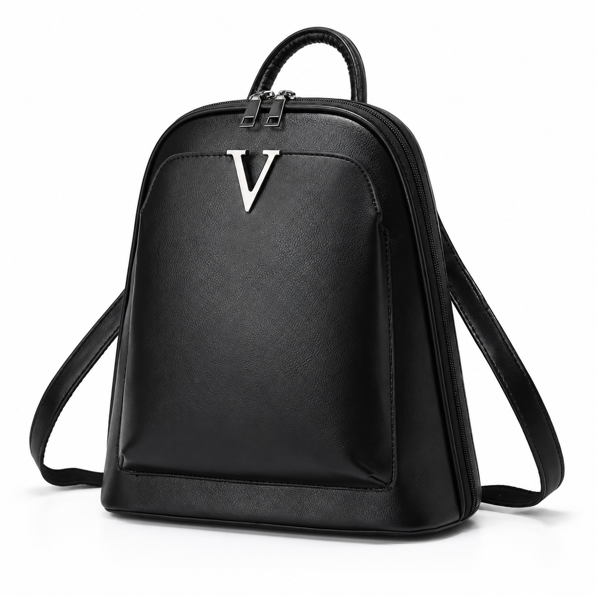 Black Textured Backpack With Silver Emblem