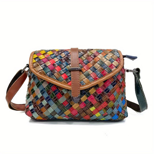 Handmade Genuine Leather Shoulder Bag | Women's Casual Flap Buckle Closure Messenger Bag with Colorful Sheepskin