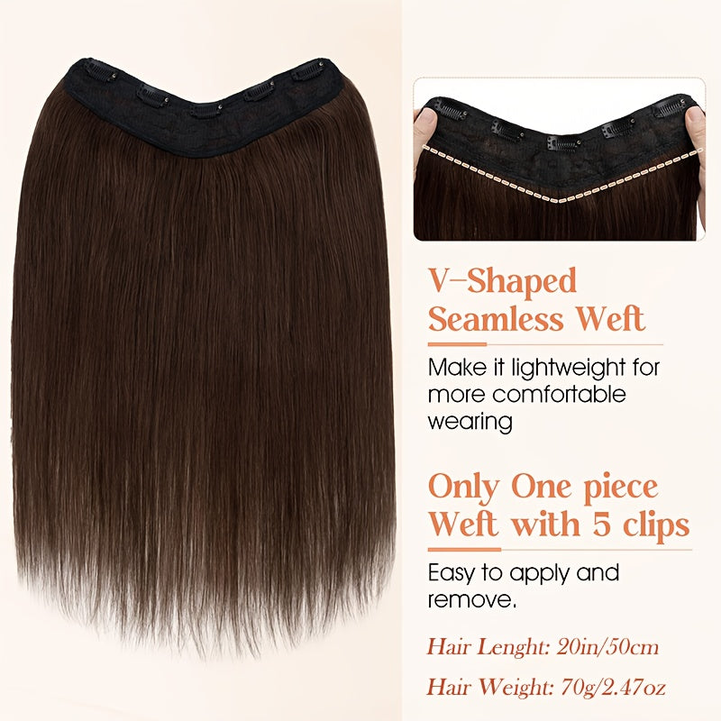 20-Inch Single Piece Clip-In Hair Extensions Made from Human Hair, Featuring an Upgraded V-Shape Design with Five Clips, Ideal for Women Seeking Long Hairpieces