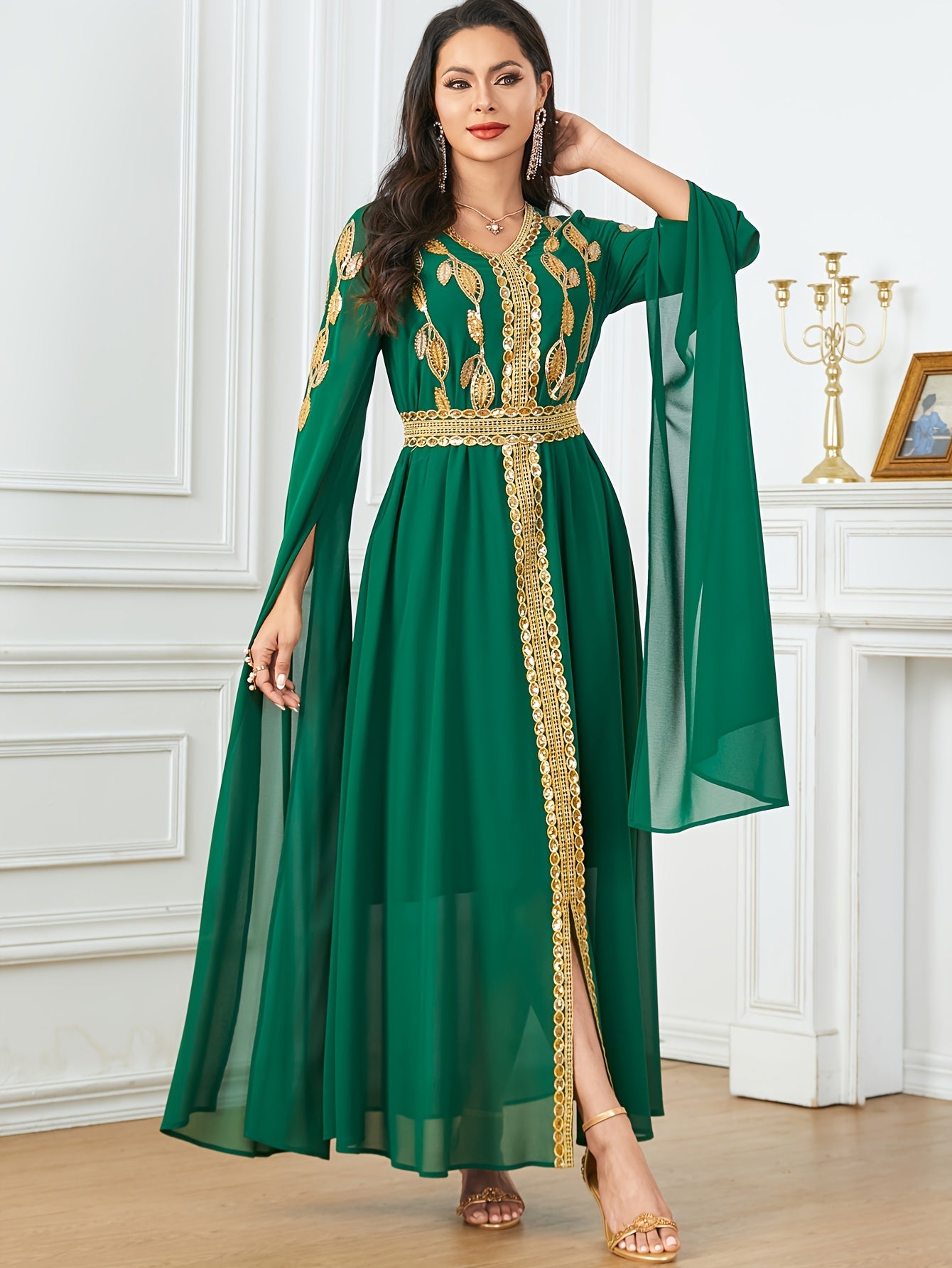 Embroidered V-Neck Abaya Dress, Elegant Cape Sleeve Maxi Dress, Women's Clothing