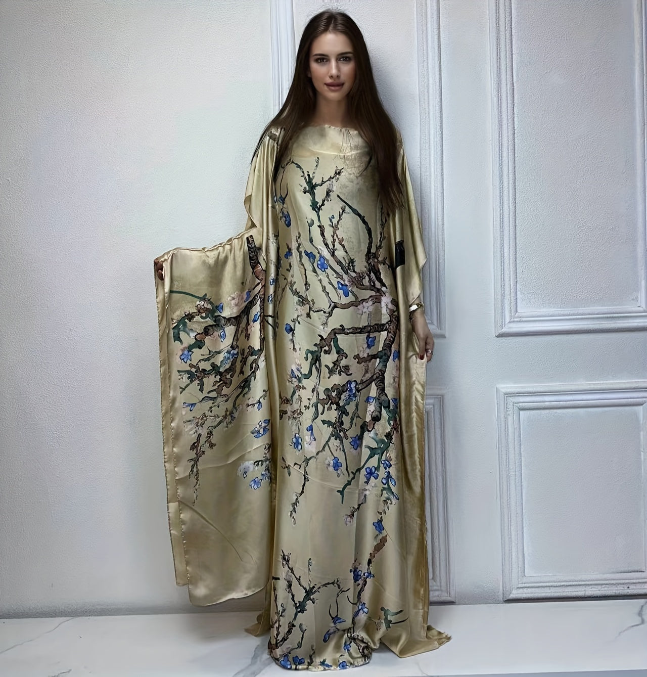 Tree Print Crew Neck Kaftan Abaya, Elegant Batwing Sleeve Loose Fit Maxi Dress With A Hijab, Women's Clothing