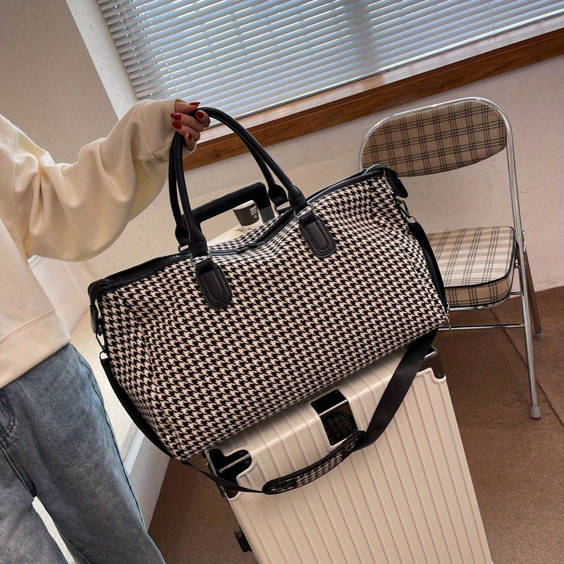 Large Capacity Houndstooth Pattern Sports Bag, Versatile Travel Duffel Luggage Handbag, Trendy Overnight Bag