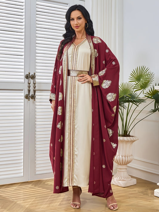 Elegant Maroon & Beige Two-Piece Traditional Dress with Golden Embellishments - Long Sleeve Kaftan Abaya with Batwing Sleeves, Floor-Length Gown for Weddings & Formal Events