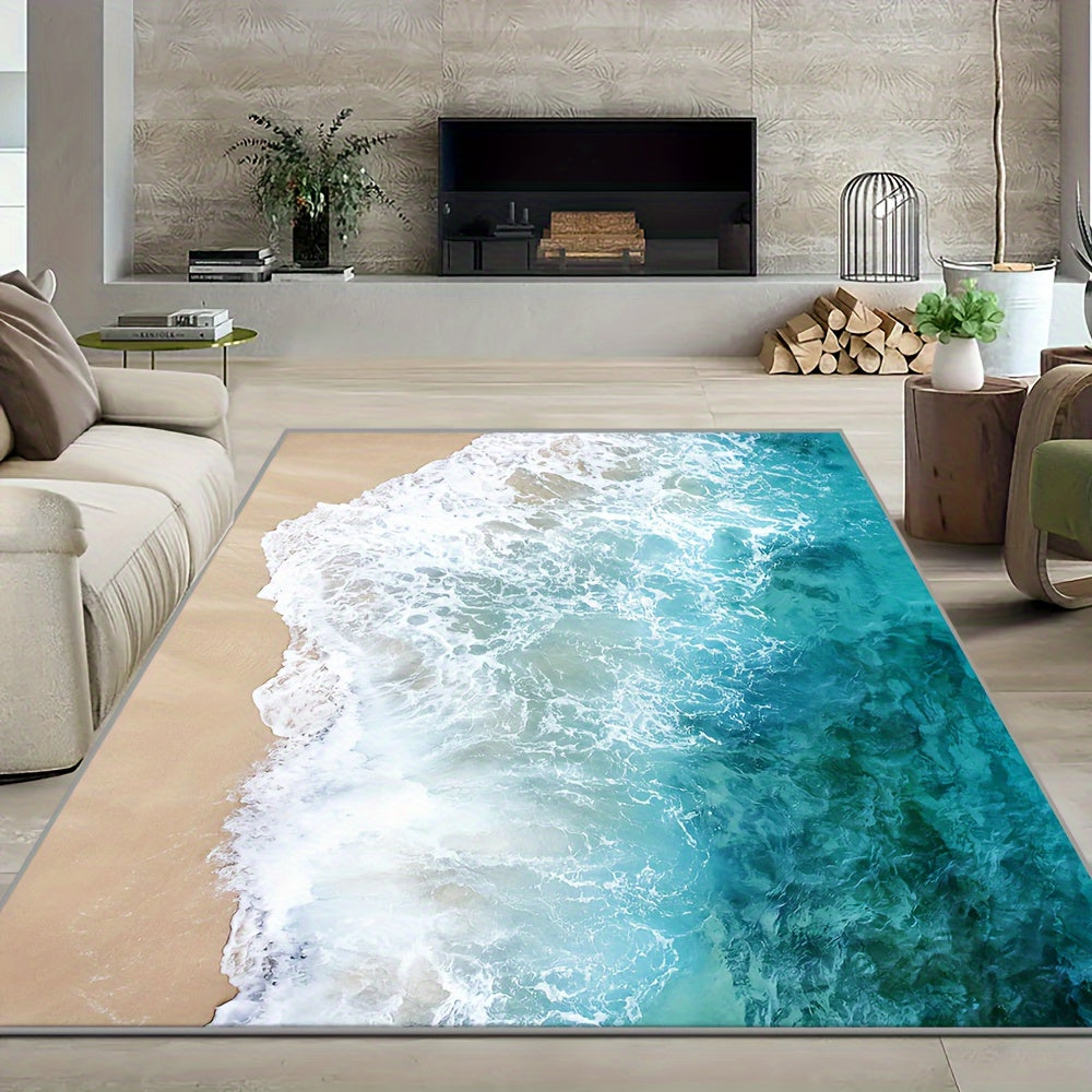 Washed Imitation Cashmere + Washed Backing Imitation Cashmere Weight 1200g per Square Meter + Thickness 8.6mm 1pc, Beautiful Mat with Beach Wave Pattern, Large Floor Mat Easy to Clean, Suitable for Outdoor Camping Rugs for De