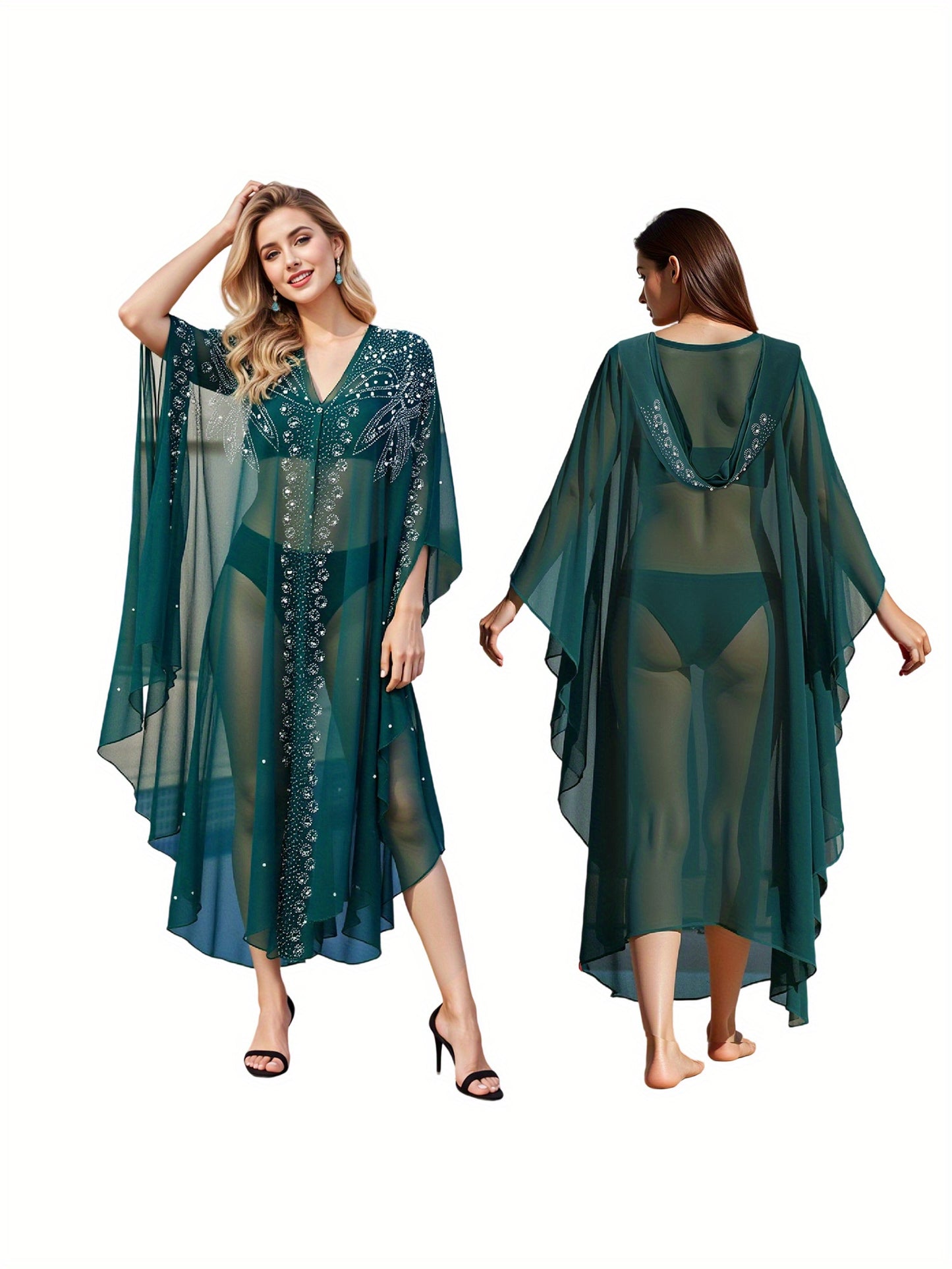Women's Autumn Long Kaftan Dress Long Bat Sleeve Hooded Rhinestone Cape Abaya Arab Dress