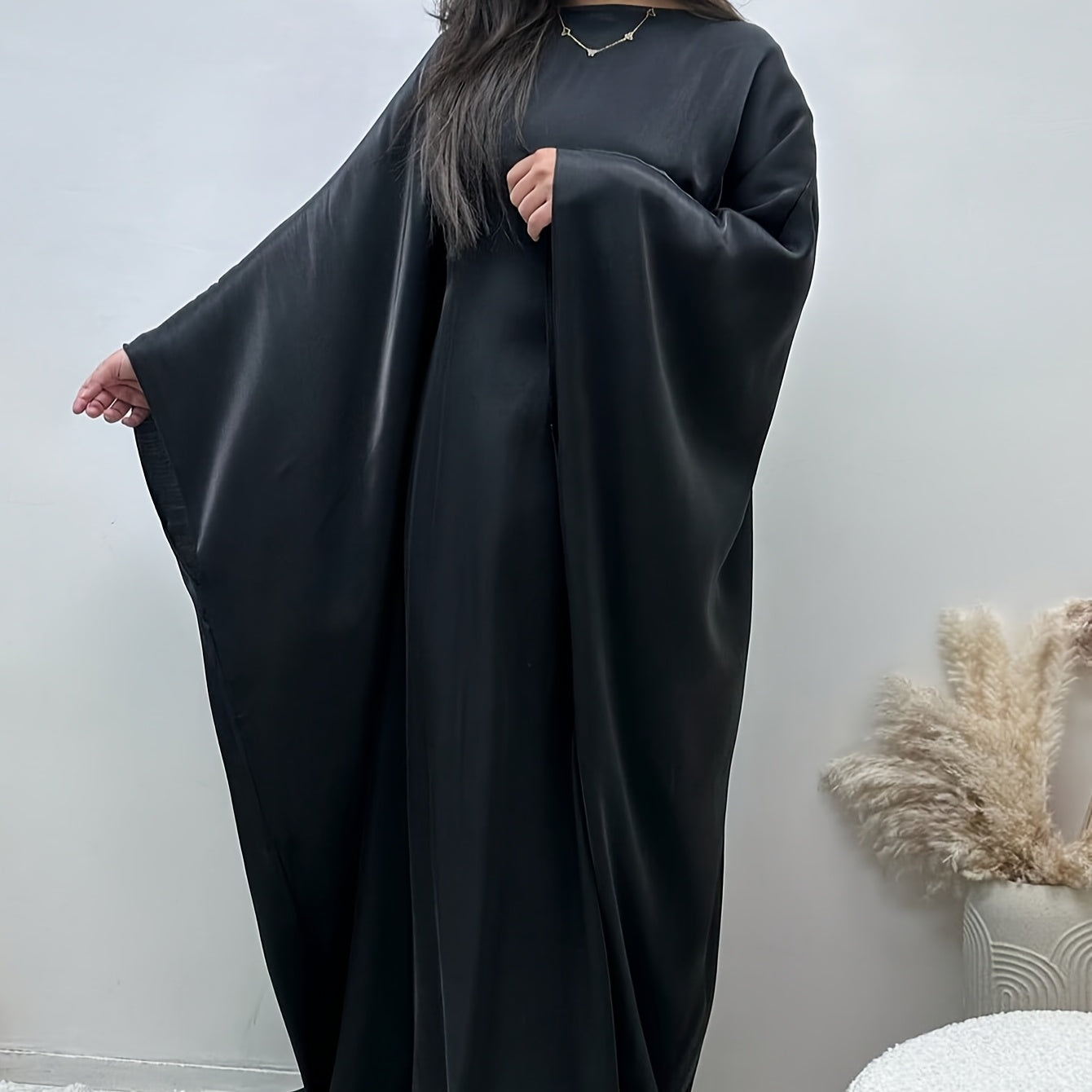 Women's Elegant Satin-Like Abaya Robe - Loose Fit Long Sleeve Breathable Muslim Dress with Middle Eastern-Inspired Design, Non-Stretch Fabric & Luxury Accessory Inclusion for Parties