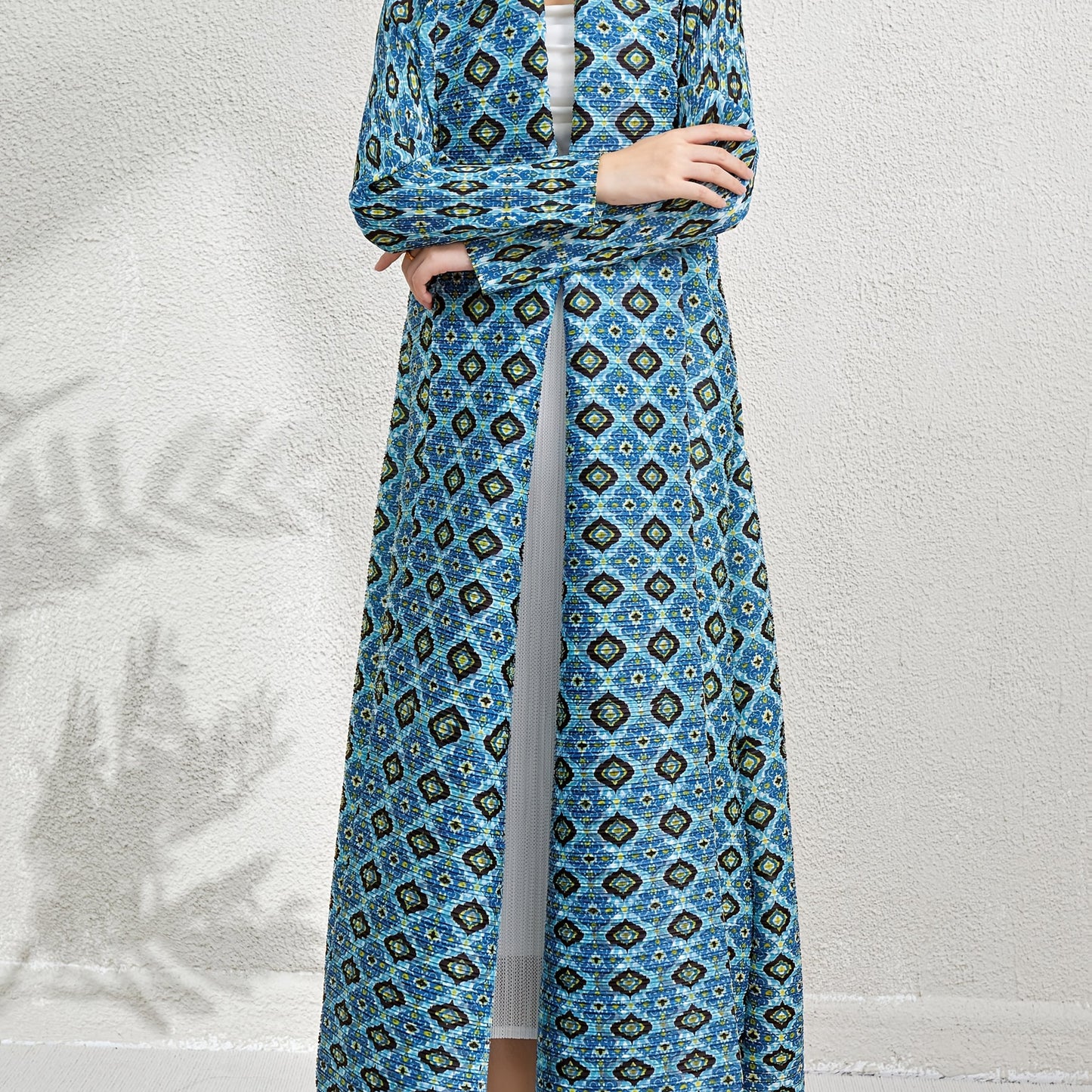 2025 New Arrival - Loose Fit, Long Sleeve Abaya for Muslim Women, Blue Geometric Print, Casual Style, High Stretch Fabric, Pleated Design, All-Season Wear, Casual Abaya | Geometric Print Abaya