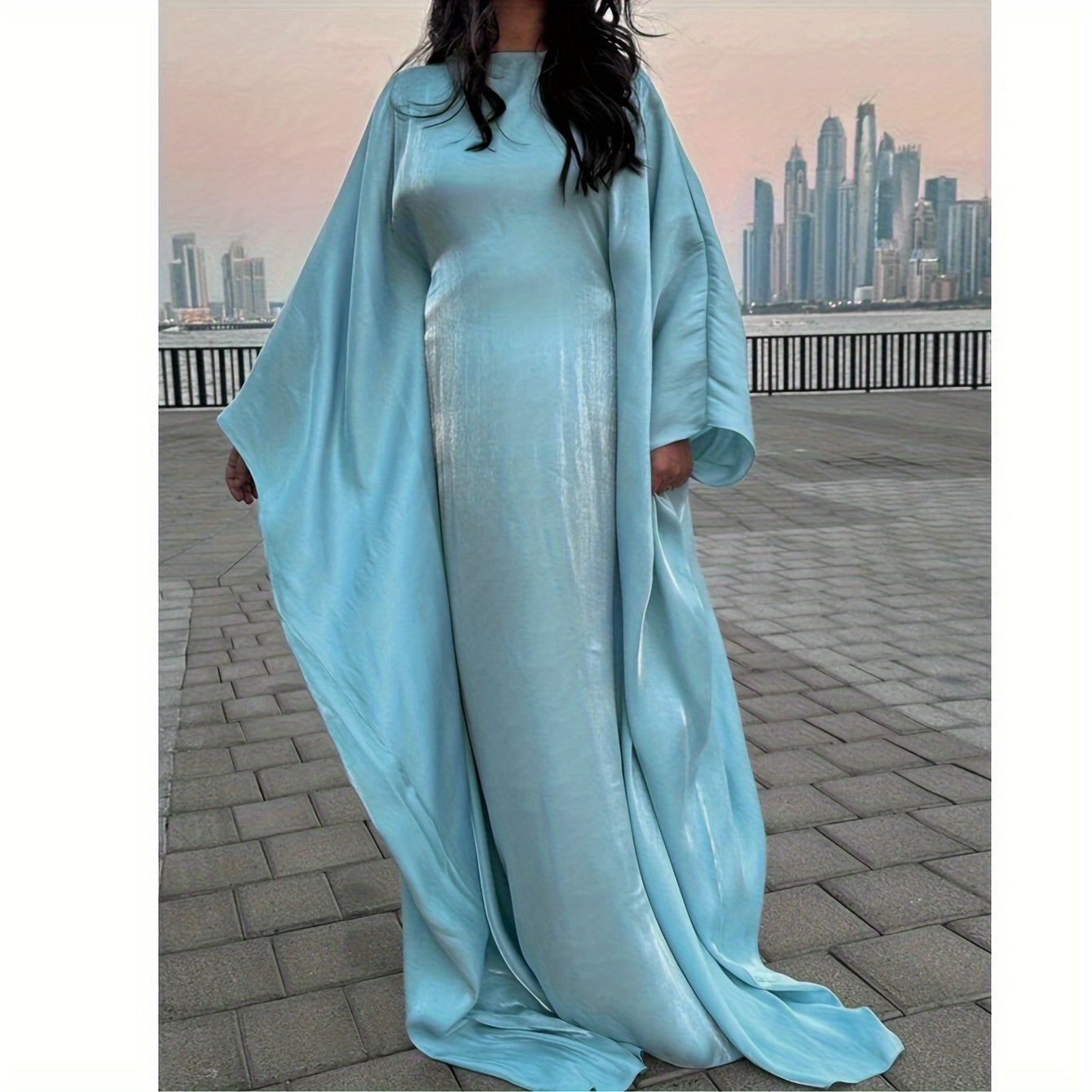 Women's Elegant Satin-Like Abaya Robe - Loose Fit Long Sleeve Breathable Muslim Dress with Middle Eastern-Inspired Design, Non-Stretch Fabric & Luxury Accessory Inclusion for Parties