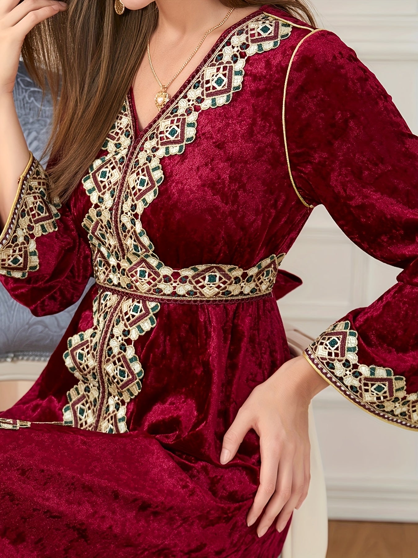 Women's Muslim Velvet Embroidered Abaya with Long Sleeves, V-Neck Moroccan Party Kaftan, Turkish Arabic Maxi Dress.