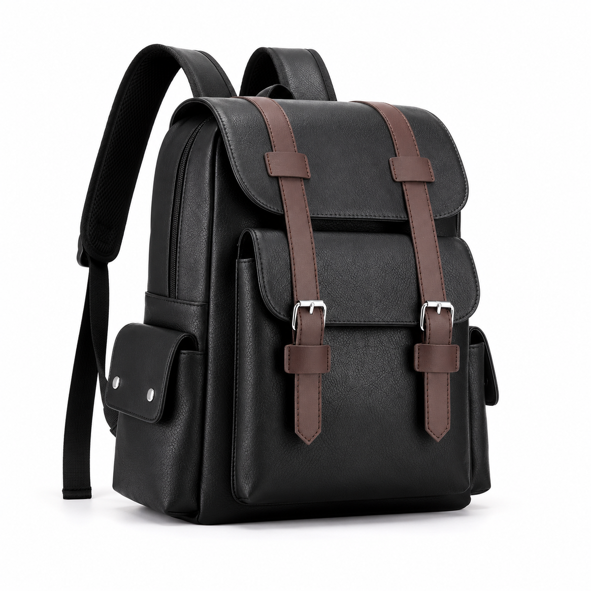Black Vintage Backpack With Brown Straps