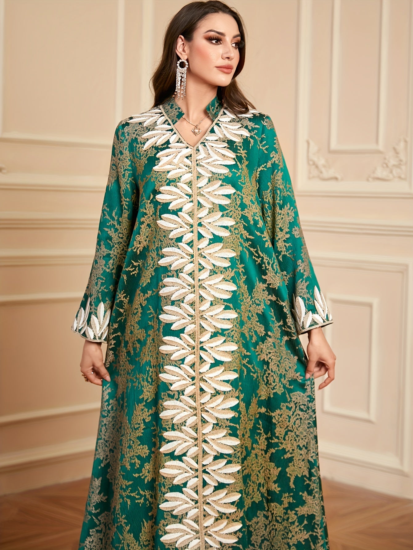 Elegant Green Floral Embroidered Long Sleeve Maxi Kaftan Abaya Dress - Polyester, Machine Washable, Non-Stretch Fabric for All Seasons