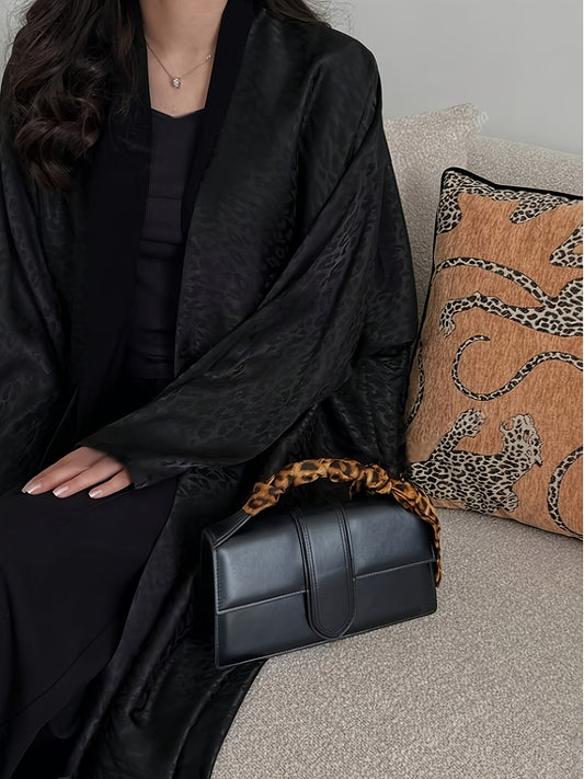 Women's Elegant Black Leopard Print Abaya Kaftan Dress - Long Sleeve, Open Front, Beltless Design, Perfect for Daily Wear and Festivals, Spring/Summer/Fall Collection, Festival Attire