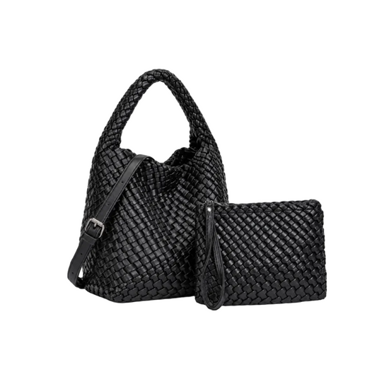 Black Woven Hobo Bag With Pouch