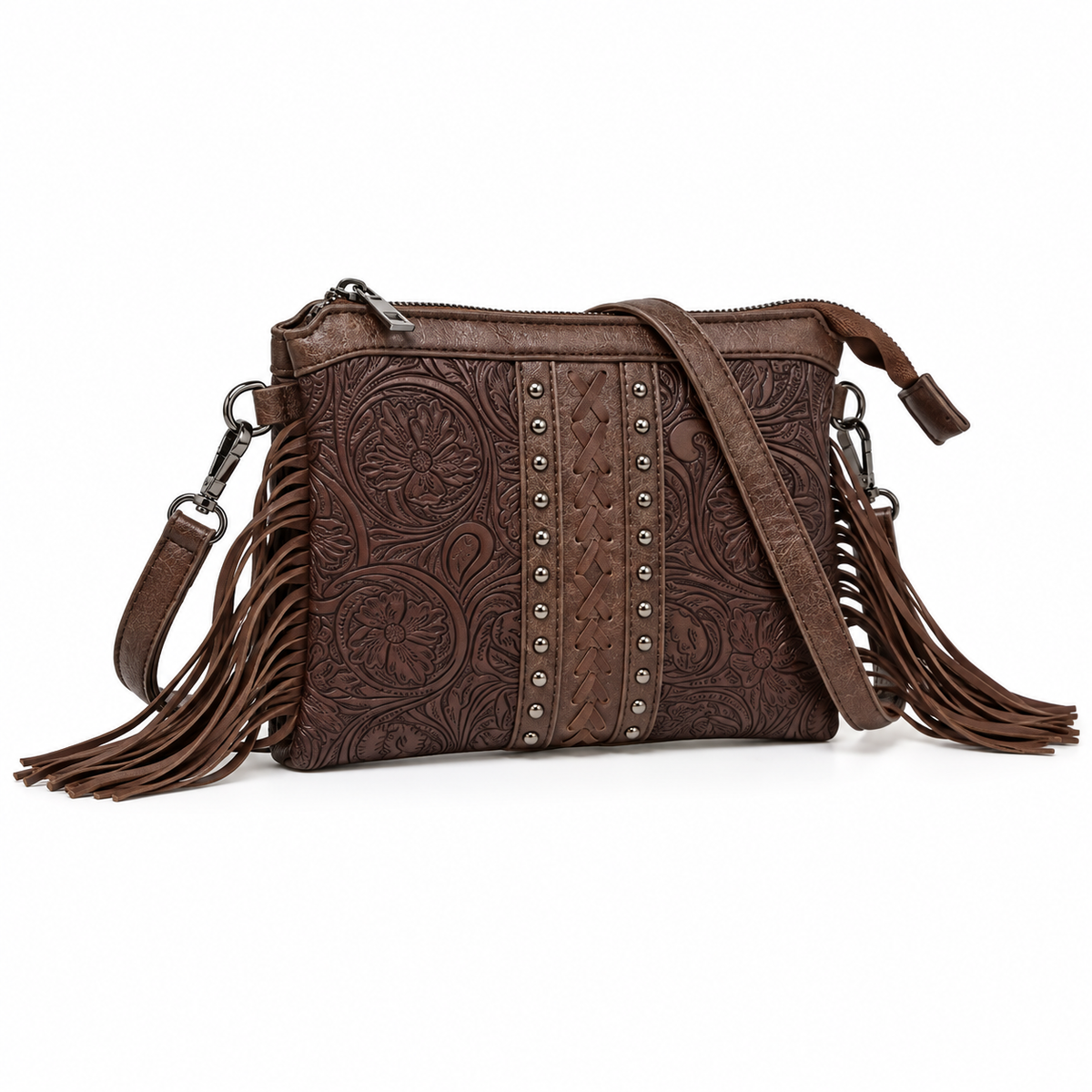 Coffee Brown Embossed Fringe Vintage Crossbody Bag