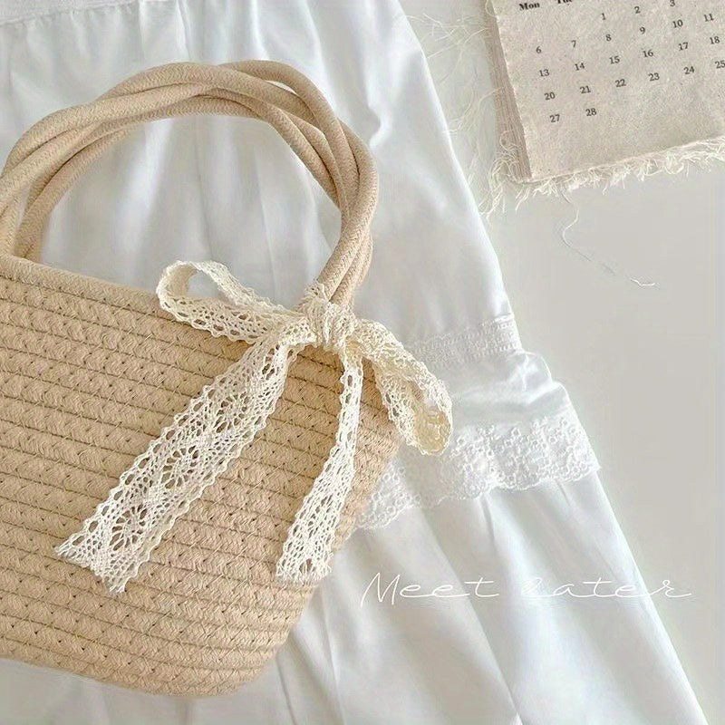 Handbag Women's Straw Basket Handmade Bag Holiday Picnic Spring Trip Photo Beach Bag Single Shoulder Woven Small Bag Elegant Lady