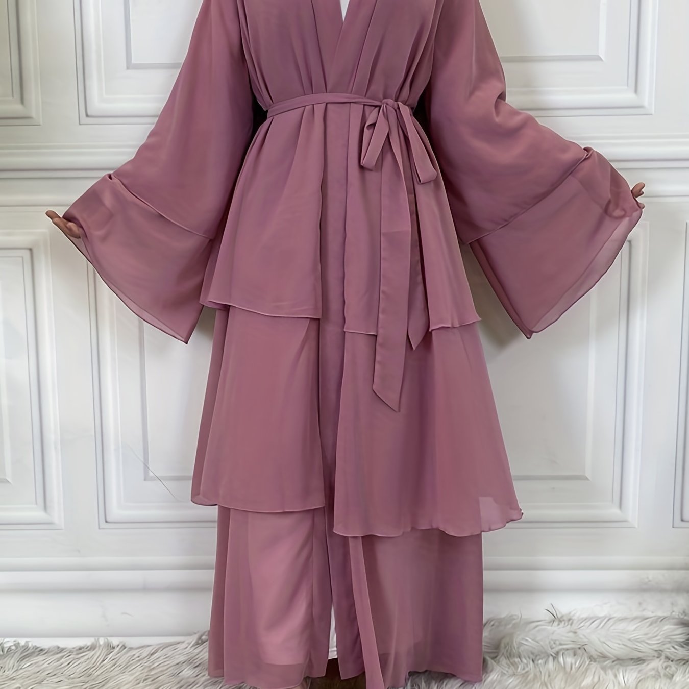 Ramadan Layered Open Front Modest Pakistani Abaya, Long Sleeve Muslim Dress With Belted, Without Hijab, Women's Clothing