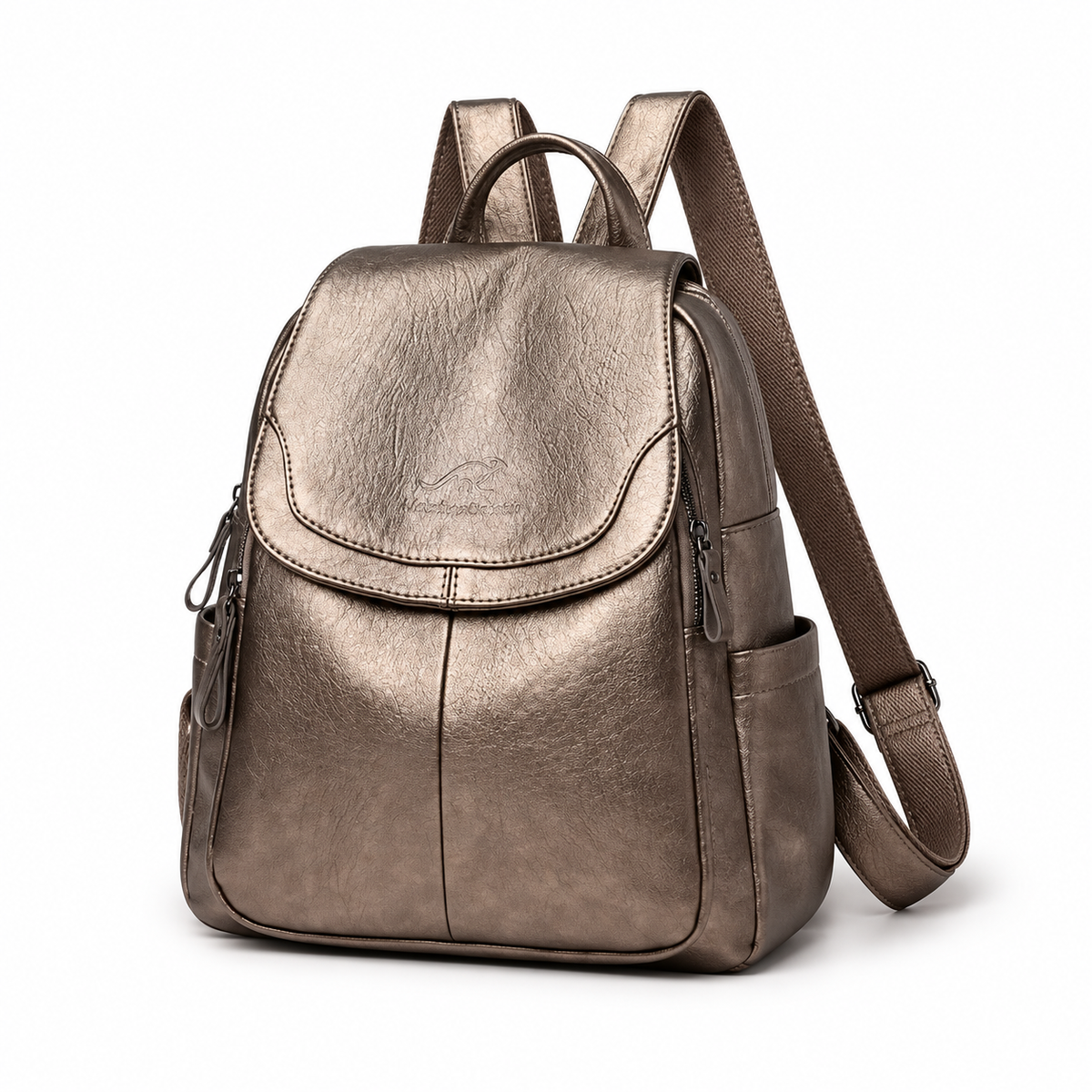 Metallic Bronze Flap Backpack With Pockets