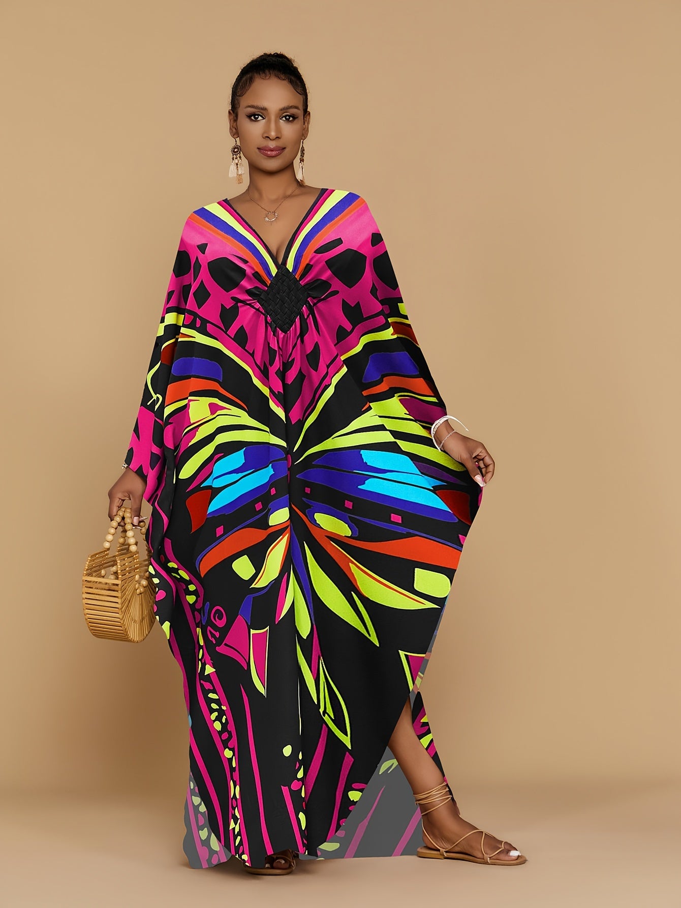 Vibrant Bohemian Kaftan Dress - Four-Sided Elastic V-Neck, Bat Sleeves, Beach Cover-Up
