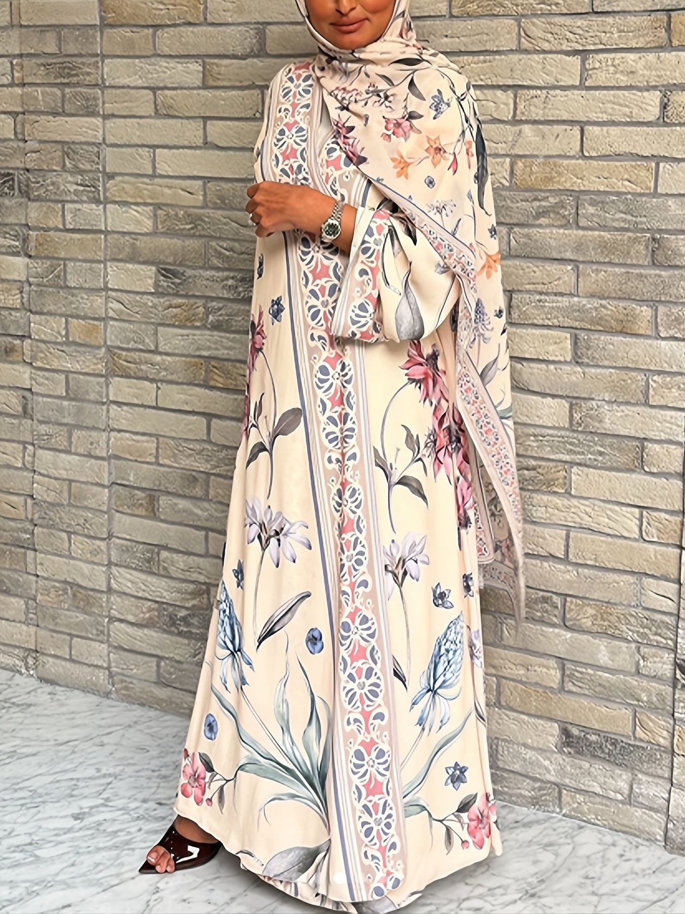 Floral Print V-Neck Abaya Robe with Long Sleeves - Lightweight Loose Fit Long Dress and Headscarf Set for Women, Spring/Summer Collection, Versatile Fashionable Long Robe, Headscarf 2pcs