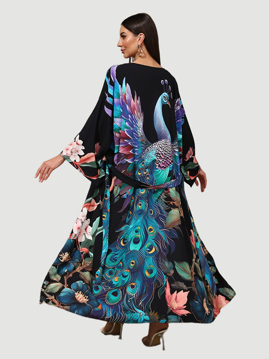 Women'S Summer Kimono-Style Cardigan in Black with Peacock Print And a Belt, Perfect for Beach Vacations