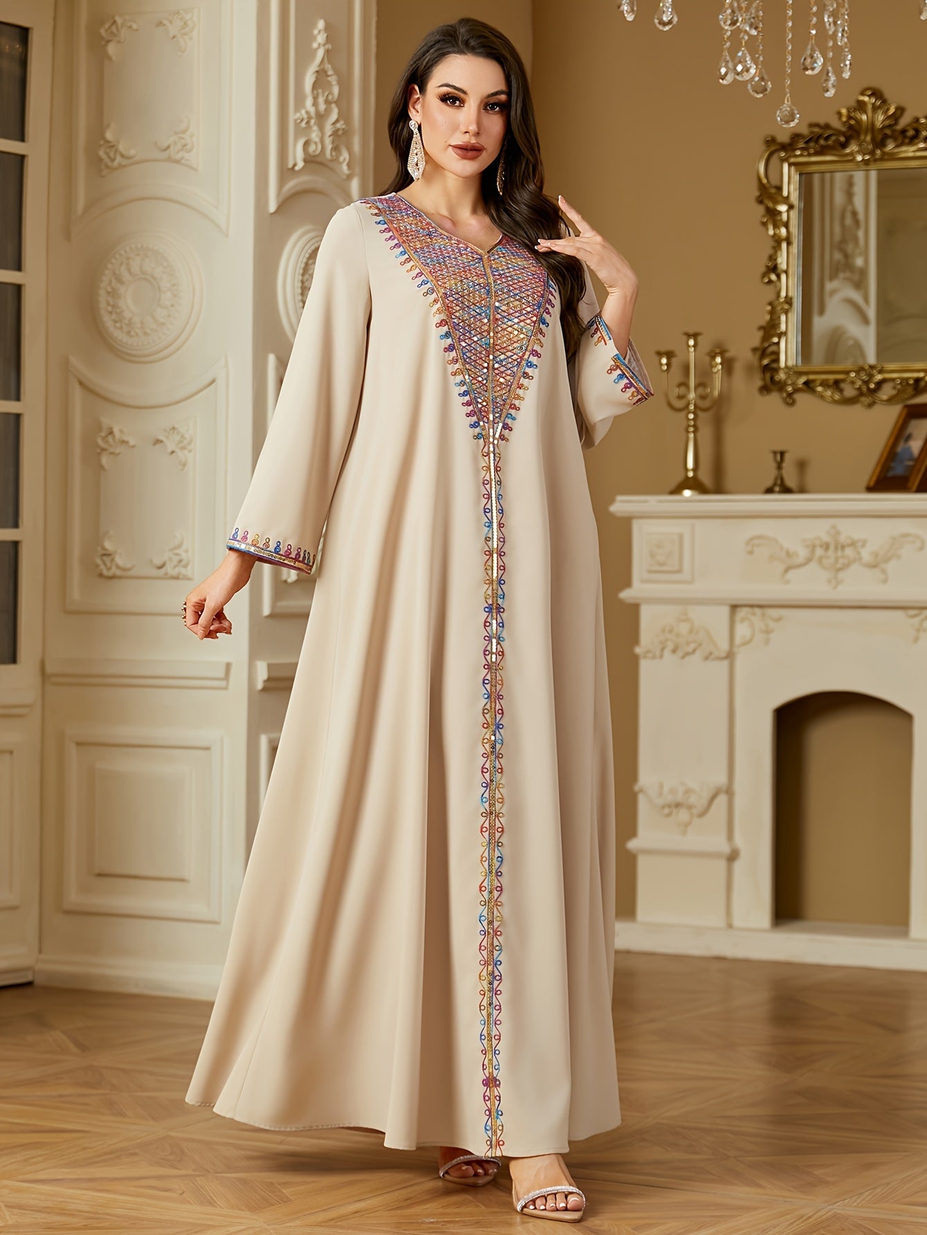 Elegant V-Neck Long Sleeve Kaftan Abaya with Sequin Detail - Polyester, Non-Stretch, Regular Fit for All Seasons