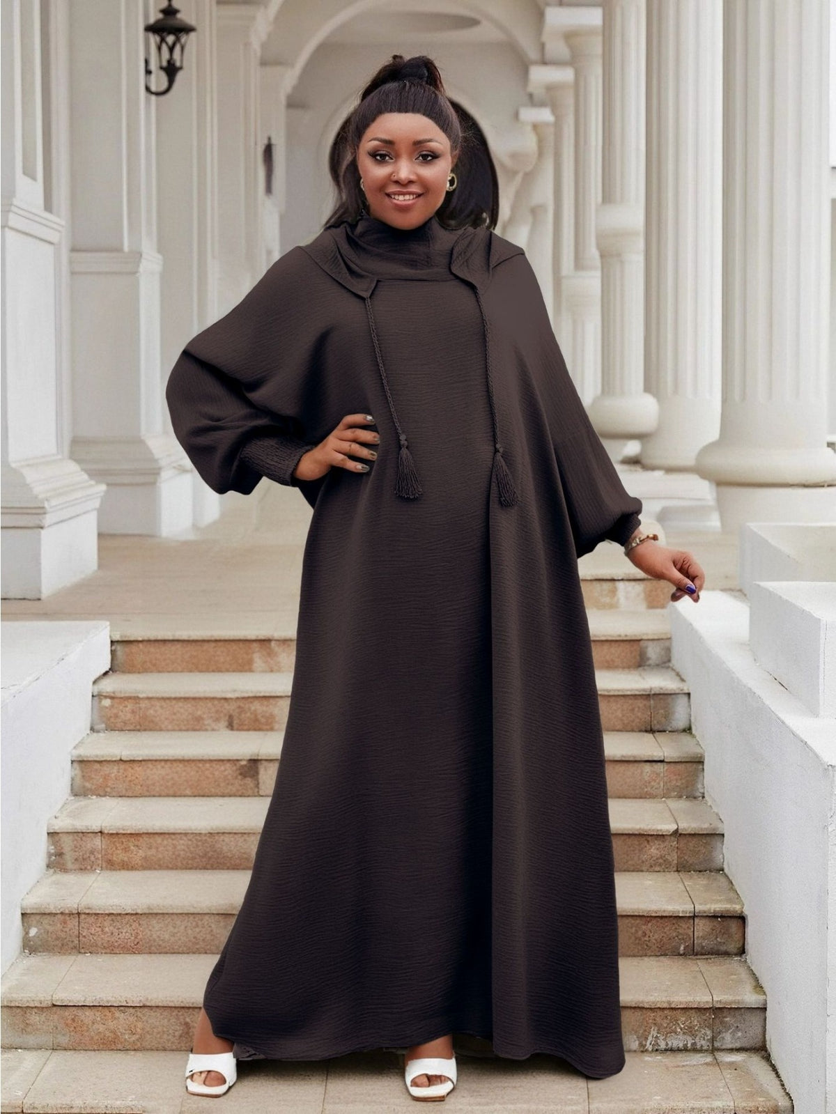 Plus Size Women's Hooded Long Sleeve Abaya - Oversized Loose Fit Solid Color Casual Elegant Gown, Machine Washable All-Season Comfort for Casual Attire, Leisure Outfit