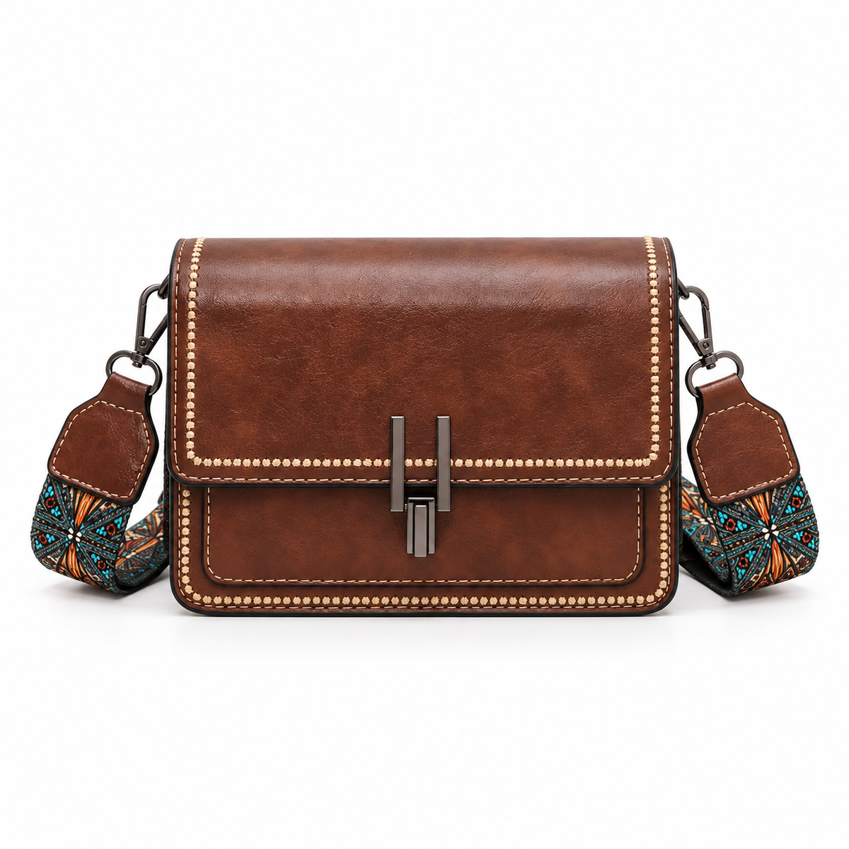 Vintage Brown Patterned Strap Crossbody Bag