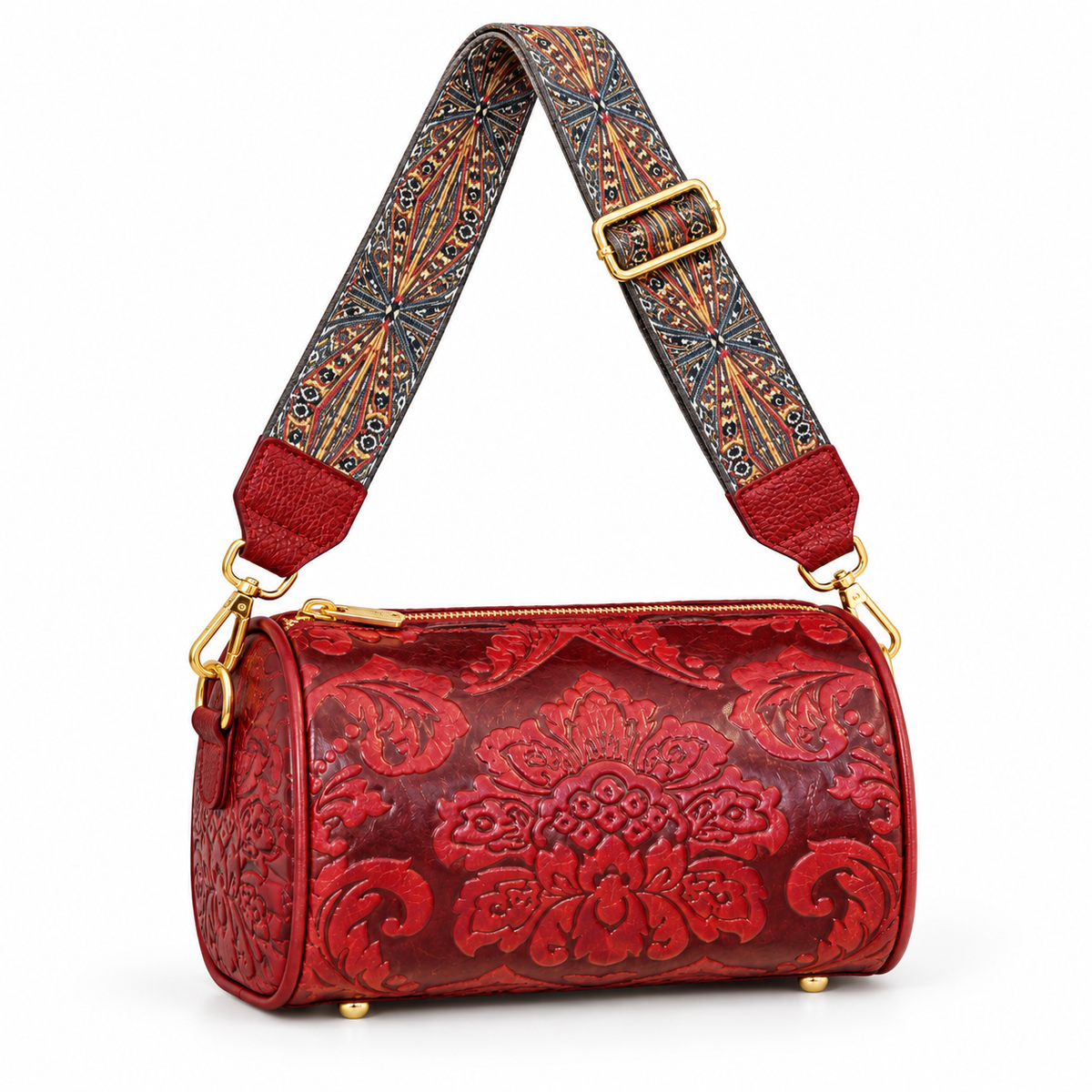 Burgundy Floral Embossed Vintage Crossbody Bag