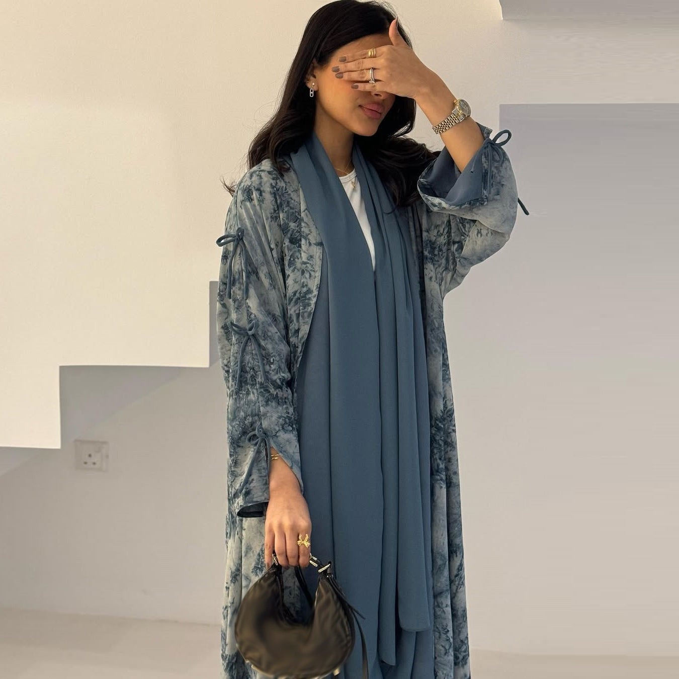 Stylish Women's Muslim Chiffon Print Summer Casual Emirati Abaya with Headscarf